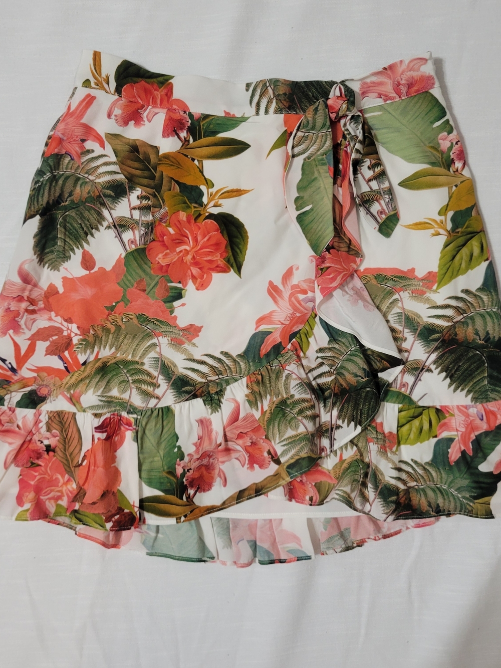 Tropical Floral Wrap Mini Skirt in White, Coral & Green